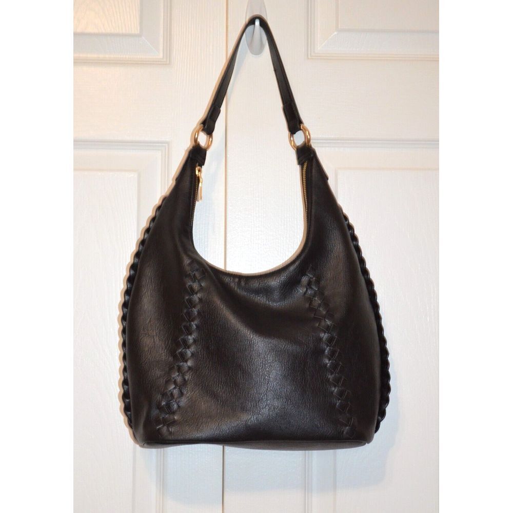 Moda Luxe Black Leather Hobo Shoulder Bag with Braided Detail - Picture 3 of 13